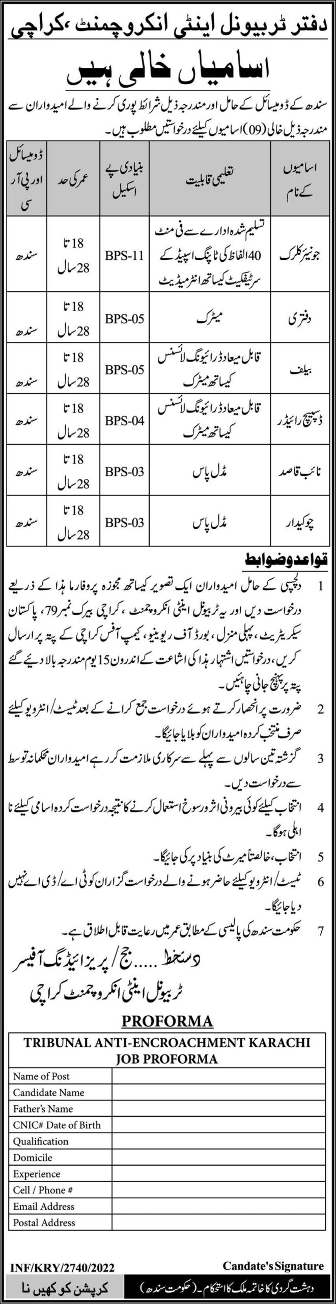 Tribunal Anti-Encroachment Karachi Jobs 2025