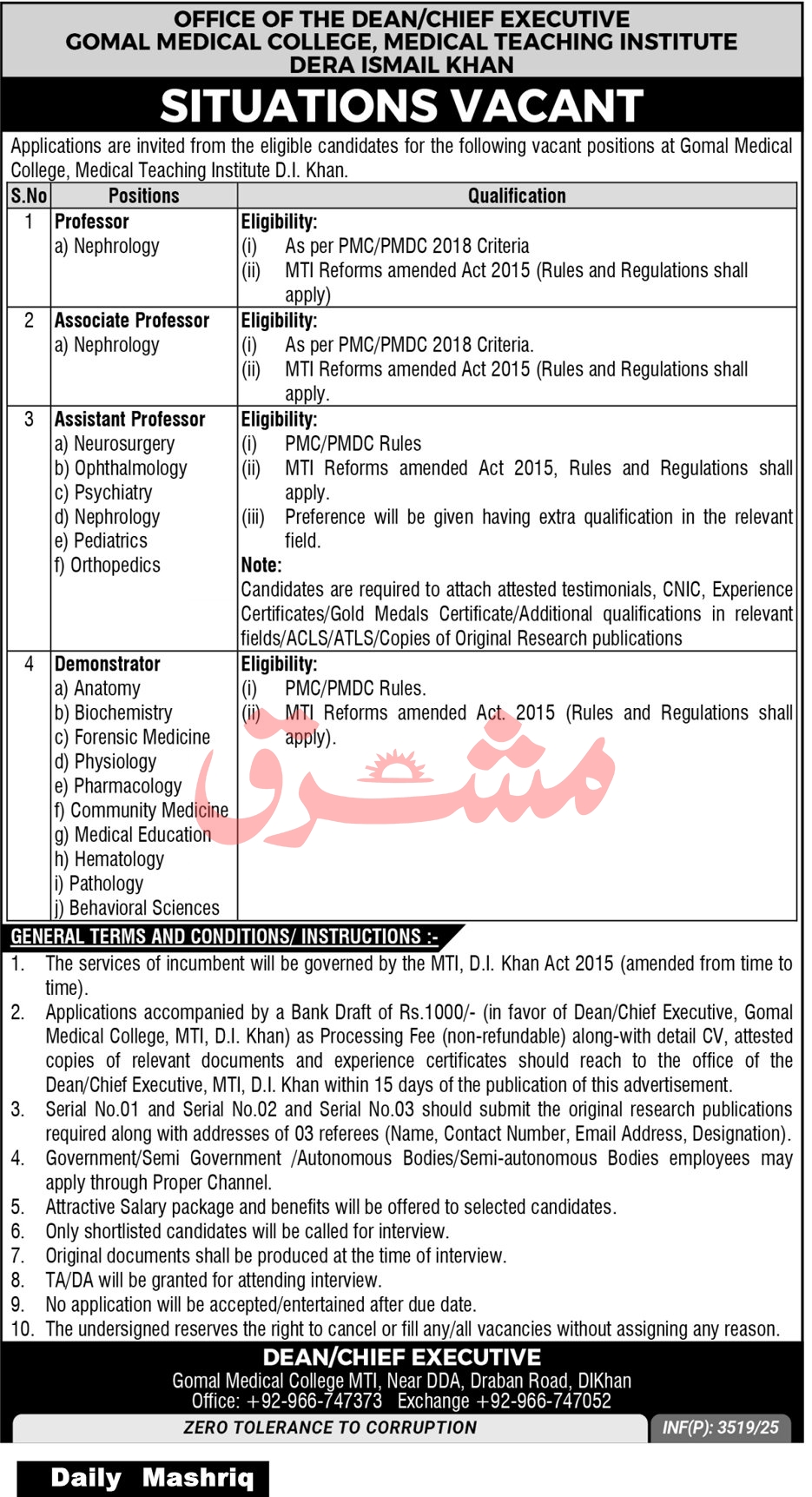 Gomal Medical College MTI Jobs 2025