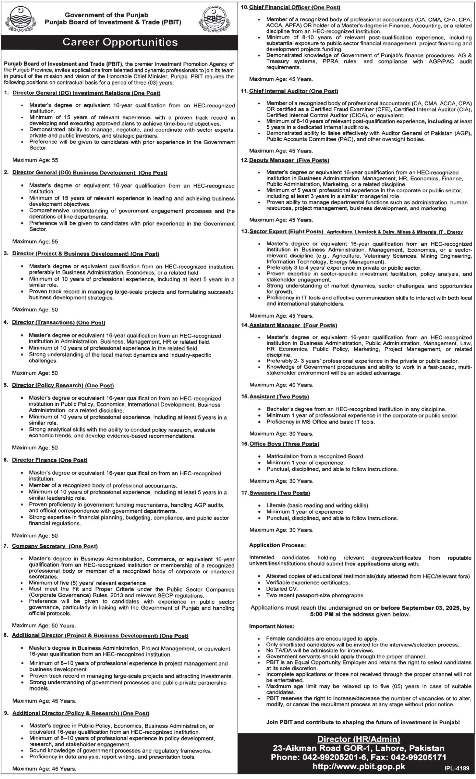 Punjab Board of Investment & Trade (PBIT) Jobs 2025