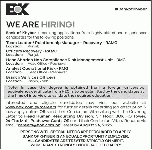 Bank of Khyber Jobs August 2025 Apply Online