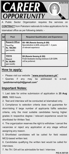 SUPARCO Jobs August 2025 smartcareers pk Apply Online Research Officer & Interns Latest