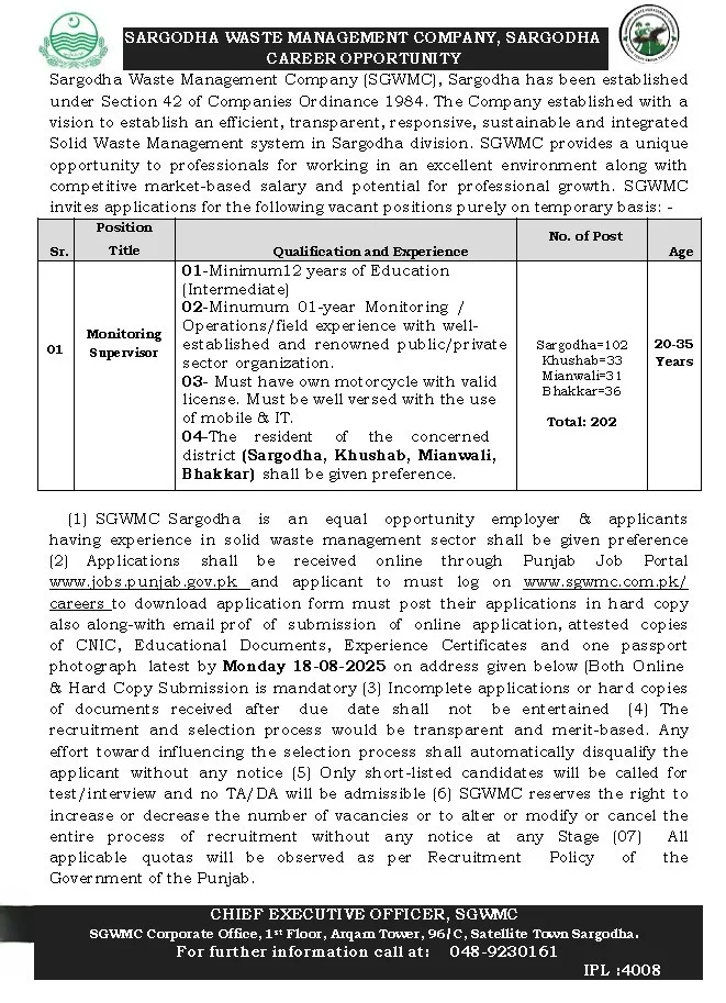Sargodha Waste Management Company (SGWMC) Jobs 2025