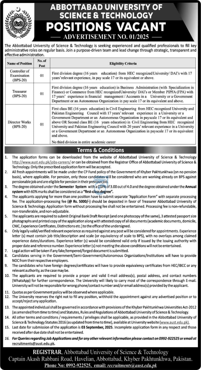 Abbottabad University of Science & Technology (AUST) Jobs 2025
