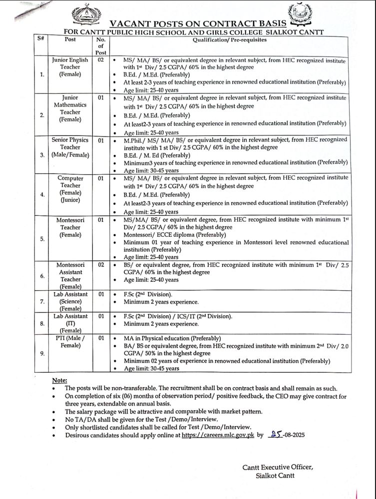 Cantonment Board Sialkot Jobs 2025 Latest Advertisement 