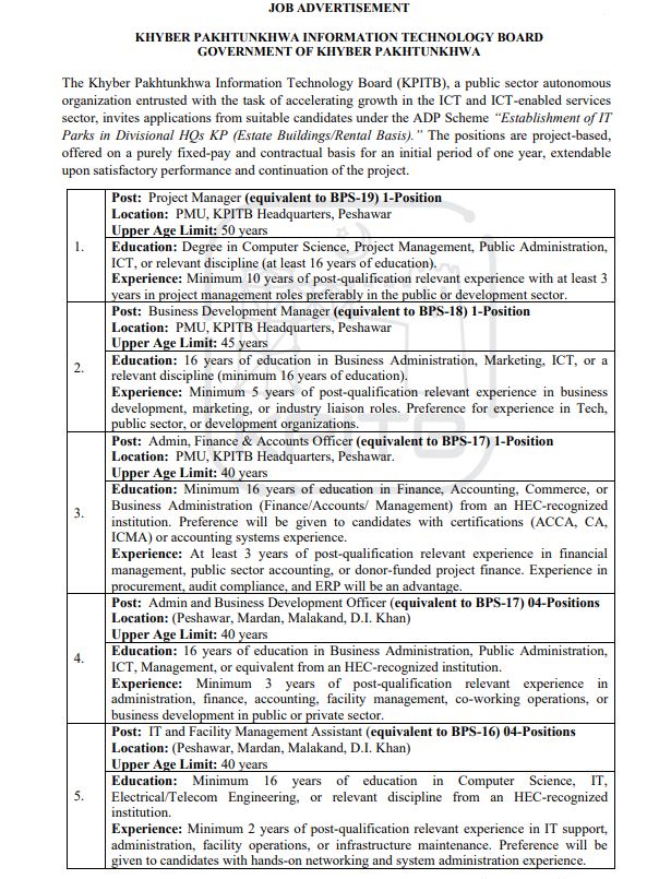 Khyber Pakhtunkhwa Information Technology Board (KPITB) Jobs 2025